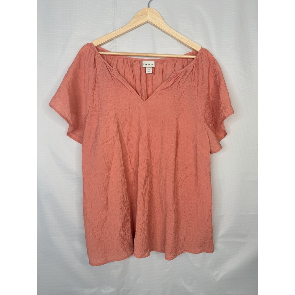 Ava &‎ Viv Coral Textured Blouse 1X V-Neck Flutter Sleeve Rayon Top